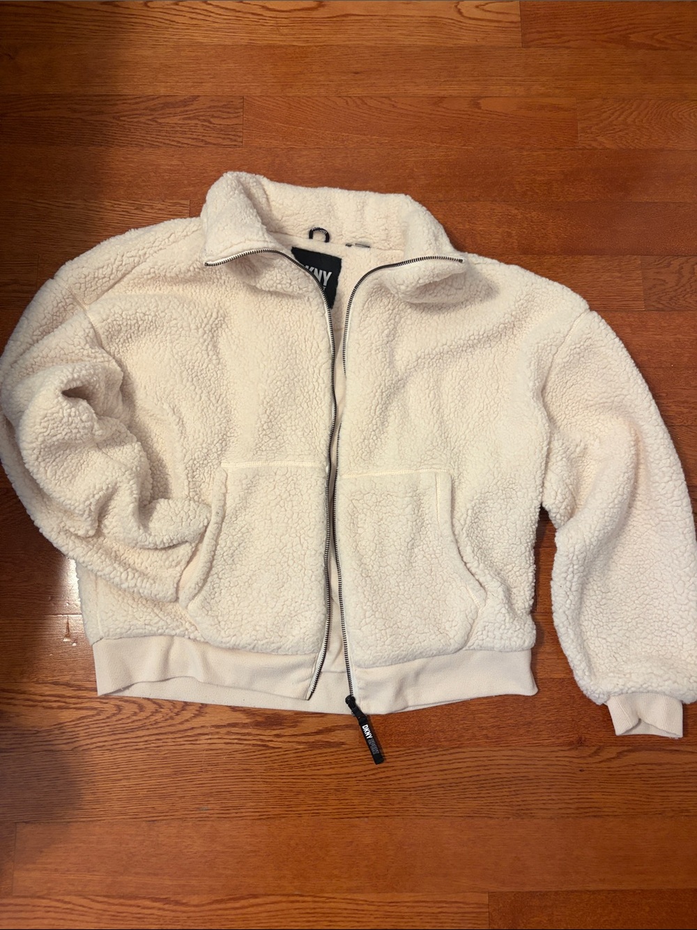 DKNY Sport White Teddy Bomber Jacket size M Cozy Streetwear